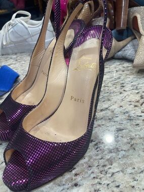 Christian Louboutin Metallic Plum Peep-Toe Slingbacks